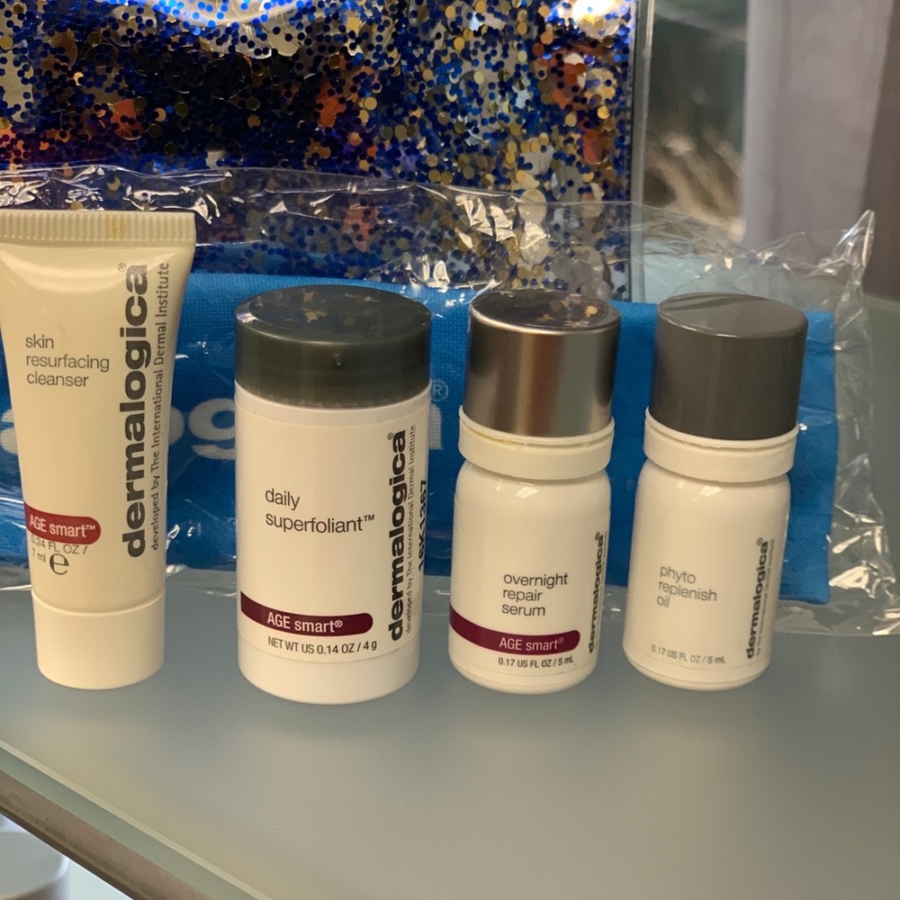 Dermalogica clutch with assorted travel sizes.